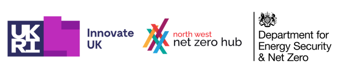 This image displays the logos of three organisations involved in the "Net Zero Terrace Streets" project. From left to right, the logos are for UK Research and Innovation (UKRI), Innovate UK, the North West Net Zero Hub, and the Department for Energy Security and Net Zero. These organisations represent key funders and supporters of the project.