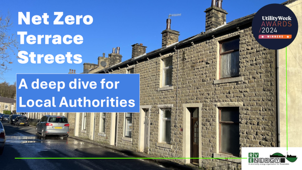 Stone terraced houses on a wet street with text overlay: 'Net Zero Terrace Streets – A deep dive for Local Authorities'