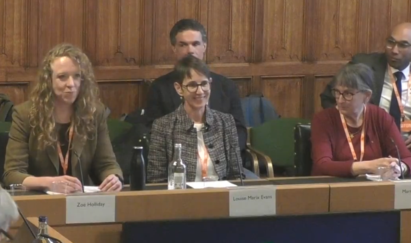Louise Marix Evans giving evidence to the Energy Security and Net Zero Committee at Parliament, seated between Zoë Holliday and Marna McMillin.