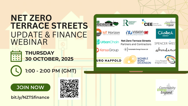 Promotional graphic for the Net Zero Terrace Streets Update & Finance Webinar on Thursday, 30 October 2025, 1–2 PM (GMT), featuring partner logos and a “Join Now” link: bit.ly/NZTSfinance.